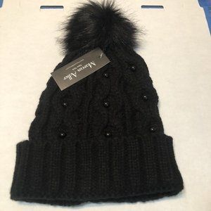 New Marcus Adler New York Black Cabled Knit /Cuff Faux Fur Pom Beanie Hat Beaded